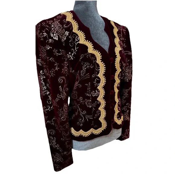 Vtg 80s J McClintock Blazer Burgundy Gold Velvet Victorian Regencycore Boho - Picture 14 of 16